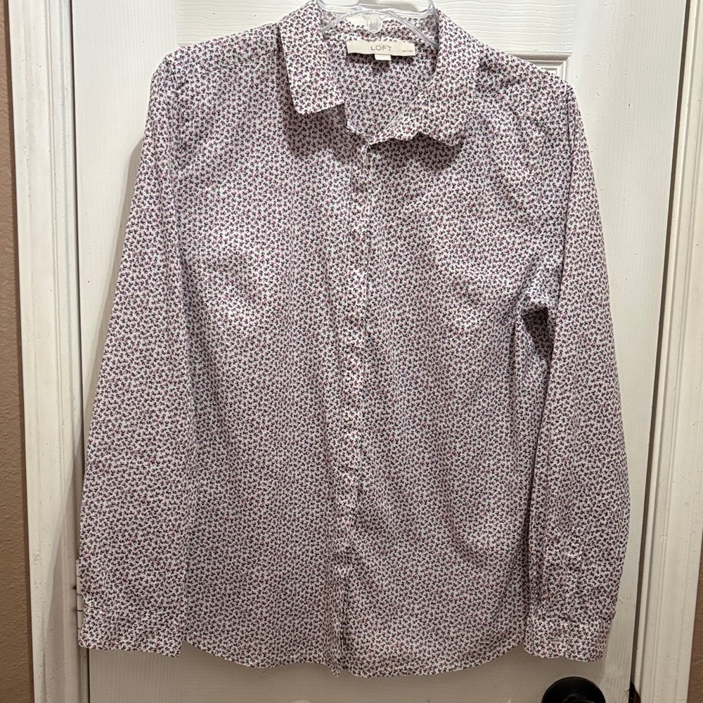 LOFT White Button-Up Shirt with Pink Roses